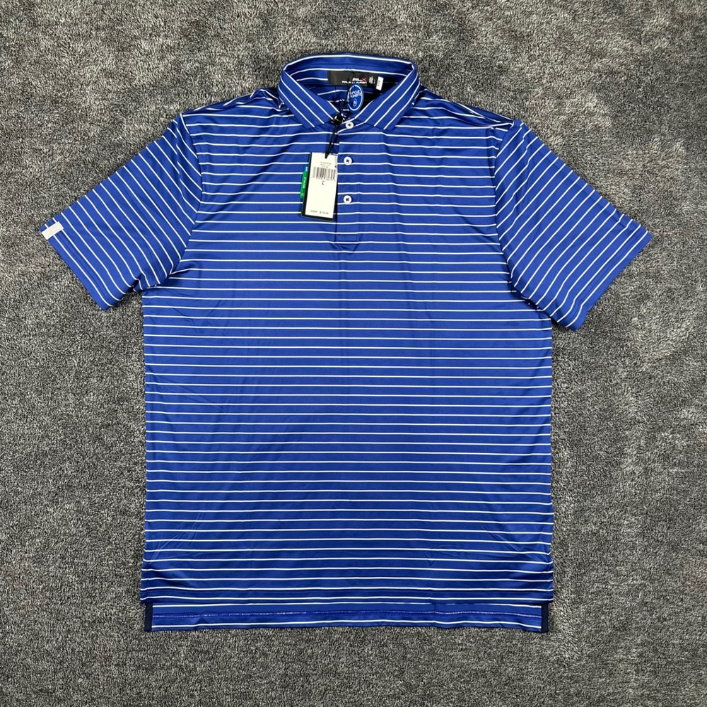 RLX Ralph Lauren Polo Shirt Mens Large Blue Striped Wicking Performance Golf NEW